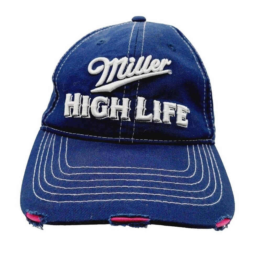 Miller High Life Embroidered Hat Cap Blue White Distressed Strapback